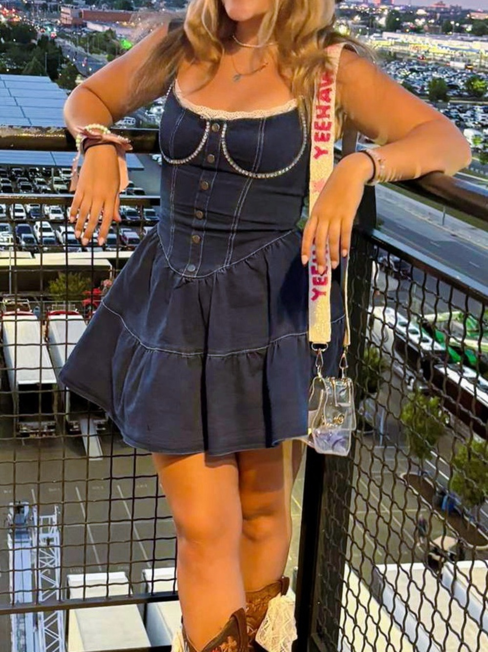 The Vintage Shop Blue Denim Dress with White Lace Trim